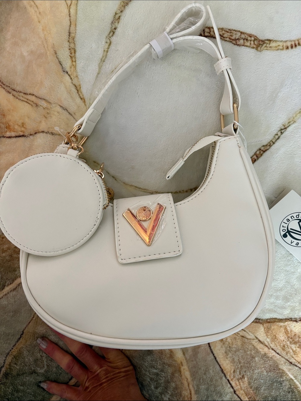 Valentino Orlandi White Crescent Shoulder Bag with Gold V Emblem
